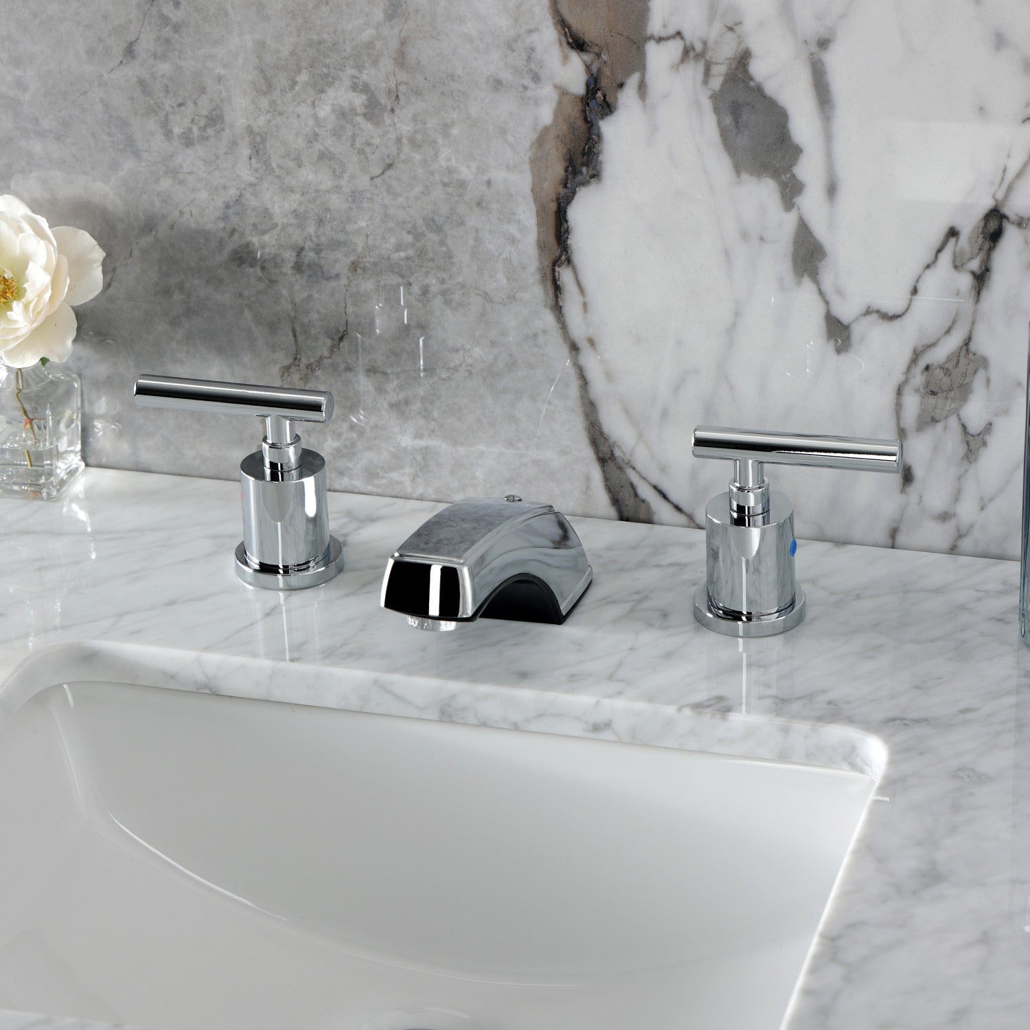 Kingston Tulare KB8921CML - Manhattan Two-Handle 3-Hole Deck Mount Widespread Bathroom Faucet with Pop-Up Drain, Polished Chrome — thumbnail 2